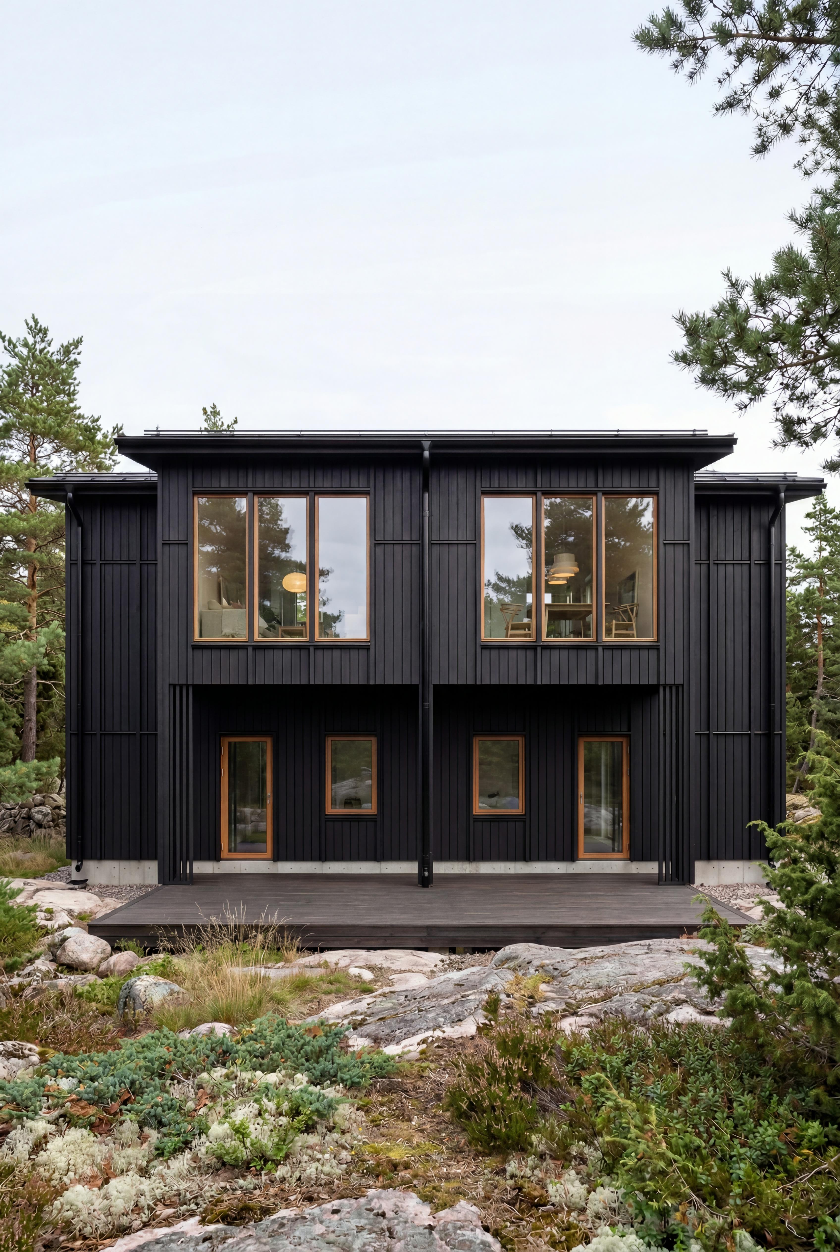 Arkitektur av Formark — svart träfasad med ekfönster i skärgårdsmiljö